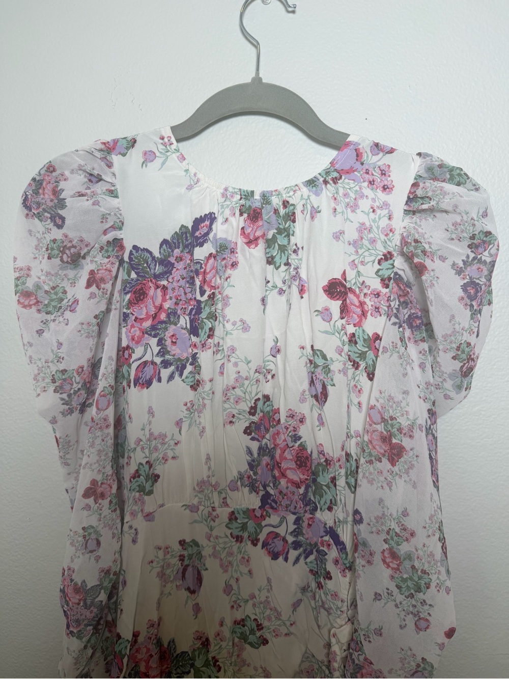 For Love & Lemons White Midi w/ Pink & Purple Floral Print Ruching & Open Back S - Picture 4 of 14